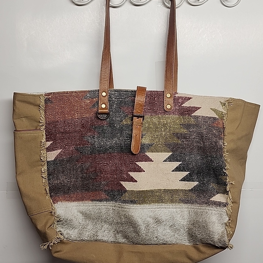 Myra Bag Huge Gracious Weekender Leather Pony Hair Canvas Native Travel Bag
